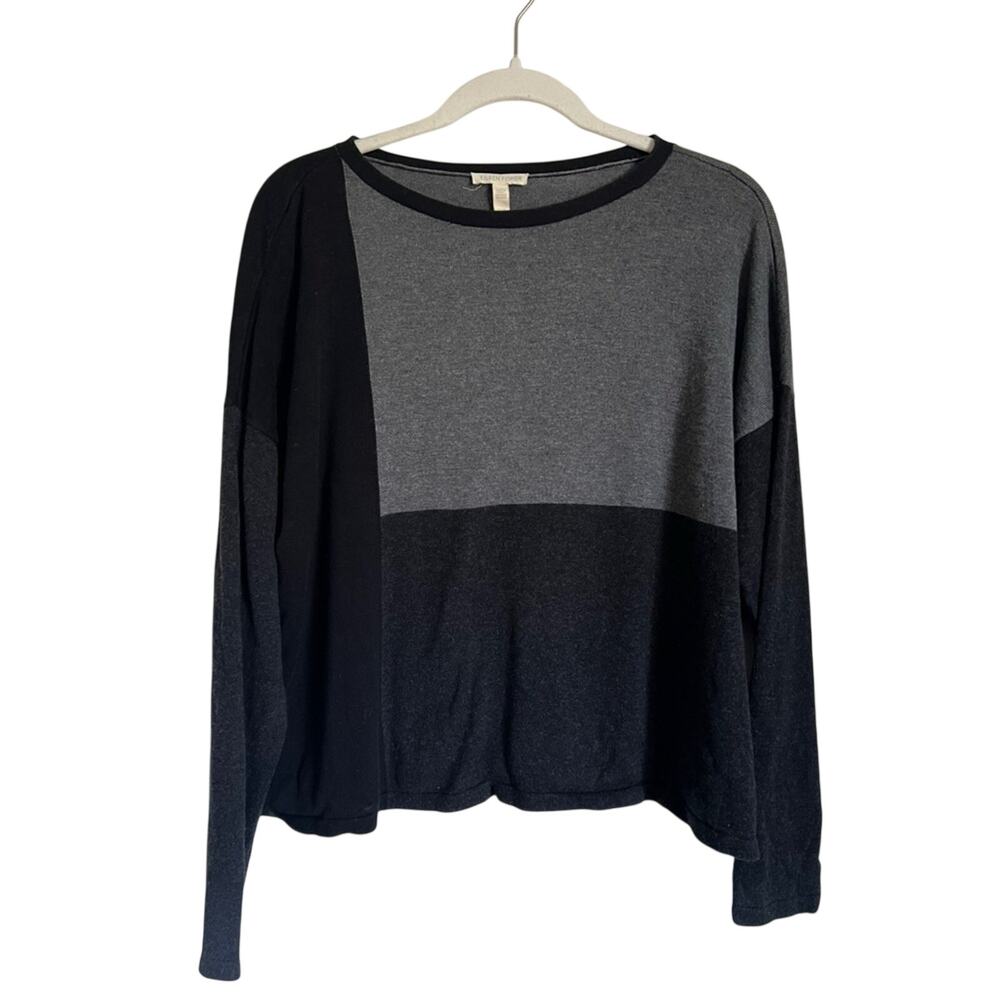Eileen Fisher Colorblock Sweater Medium Top Black Grey Silk Organic Cotton Blend